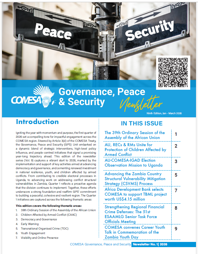 COMESA_GPS's tweet photo. COMESA Governance Peace and Security Newsletter🗞️!!!
We are pleased to share with you the 9th edition of our Quarterly Newsletter, which captures the highlights of our work/engagements across the COMESA region. Scan the QR Code or click here to access it: GPS-QUARTER-1_2026-NEWSLETTER-.pdf 
@Egypt_Kadah