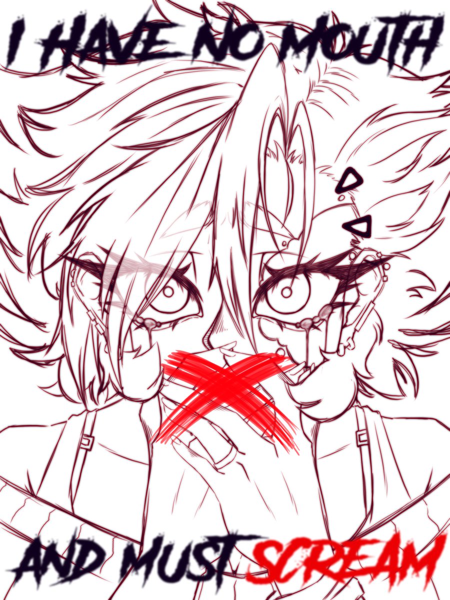 xx_tanuki's tweet photo. Here’s a little wip for my take on the “I have no mouth and I must scream” cover! 
I have been obsessed with the book recently! On top of that TADC is inspired by it so I’m also excited for the Finale of TADC!!! <3 https://t.co/8fuZP116x4