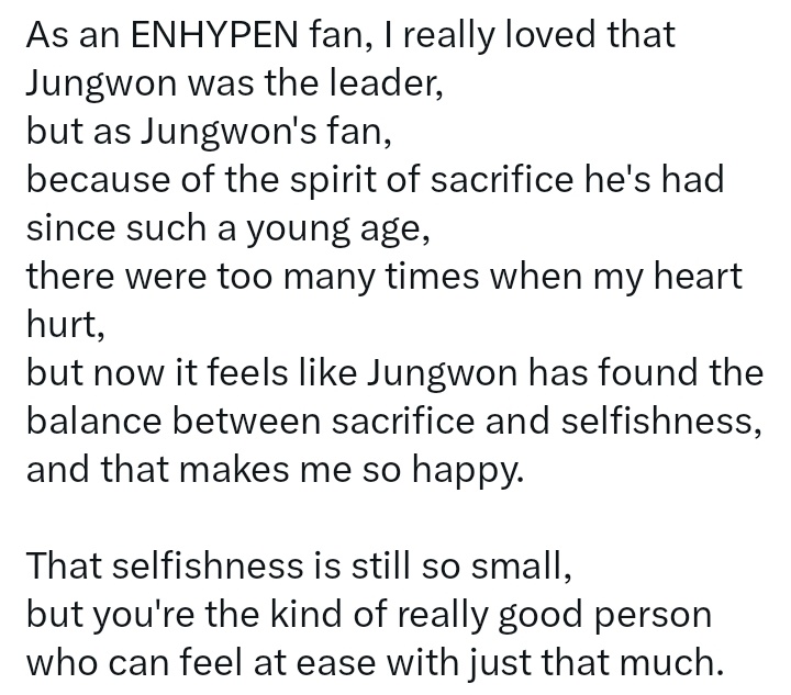 wonwonjpg's tweet photo. this post from k eden is making me really emotional cuz this is exactly how most of us jw bias engenes feel,as engene we love it that enhypen has a such a mature leader like jw but as jw fan its hurts me seeing how jw had to sacrifice everything including his youth for grp 😭😭 https://t.co/snvcHwnwaY