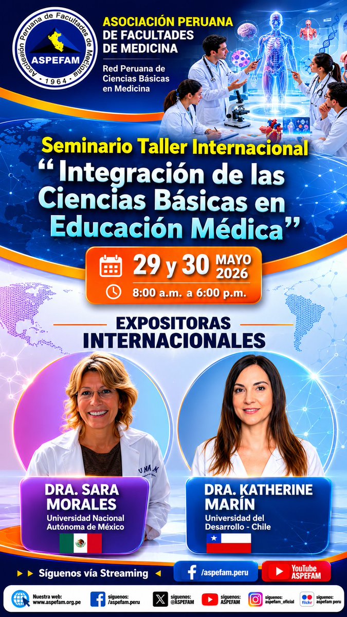 ASPEFAM's tweet photo. ✅ Con la participación de ponentes nacionales e internacionales hoy se inicia el Seminario Taller Internacional “Integración de las Ciencias Básicas en Educación Médica”
➡️ Mayor información: https://t.co/mRAdkyqpyQ
#AspefamPeru #EducacionMedica https://t.co/JtNpql7Lwk