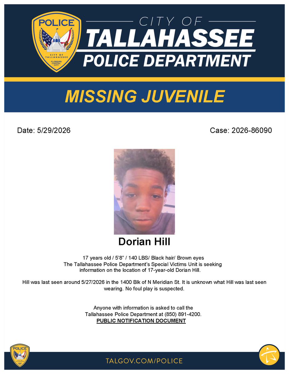 TallyPD's tweet photo. Please share to help locate this missing person. If you have information regarding Dorian's whereabouts, please call TPD at 850-891-4200. https://t.co/BRvD2AHukl