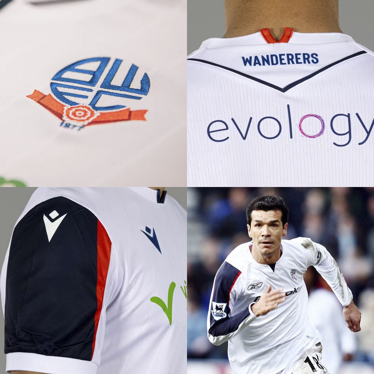 EleteTSC's tweet photo. 🏴󠁧󠁢󠁥󠁮󠁧󠁿⚪️ Esta es la camiseta @MacronSports de Bolton Wanderers (@OfficialBWFC) 2026/27.

Reedita el recordado modelo Reebok de 2006, con un bloque azul y rojo sobre la manga derecha. Trama de líneas diagonales en la tela, vivos en el cuello y apodo sobre la nuca. https://t.co/nwLTYCW9UX