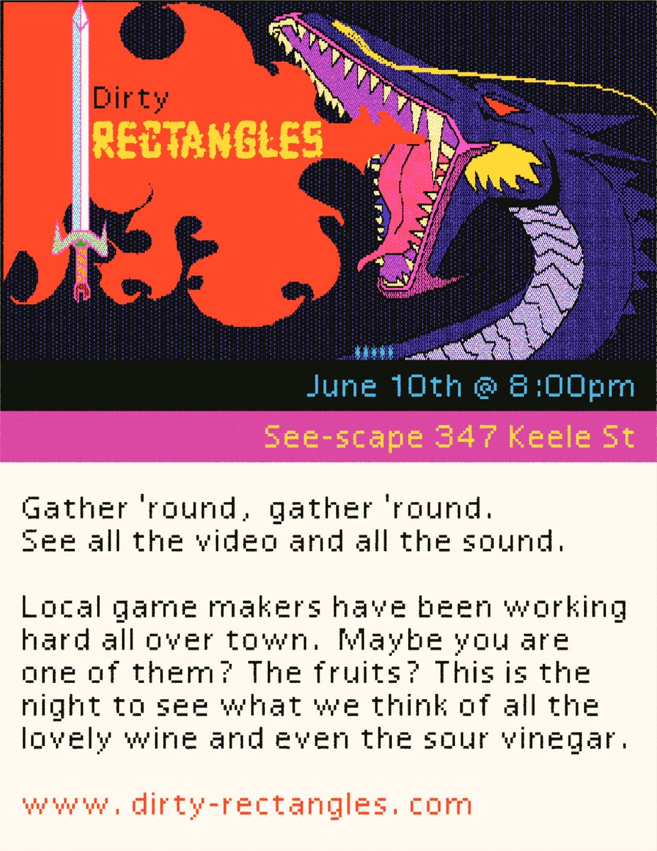 Rectangles_TO's tweet photo. The legend of Dirty Rectangles continues...

Long ago, James, Liam and Kezia travelled from the city of Ottawa to Toronto. After a long, perilous, journey they found what they sook.

A thriving game development community calling out for a monthly show &amp; chill. The saga continues. https://t.co/D63kHuCeTP