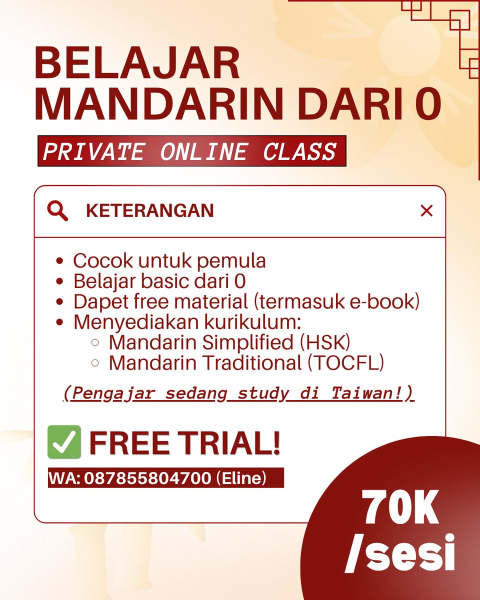bowcils's tweet photo. @greyskiiieee Hai, 你好！👋🏻
Aku lagi buka kursus mandarin nih, bisa FREE TRIAL dulu 1 sesi. Contact me if you're interested ya 🤓🫶🏻🍀 https://t.co/LqwkxWbqvD
