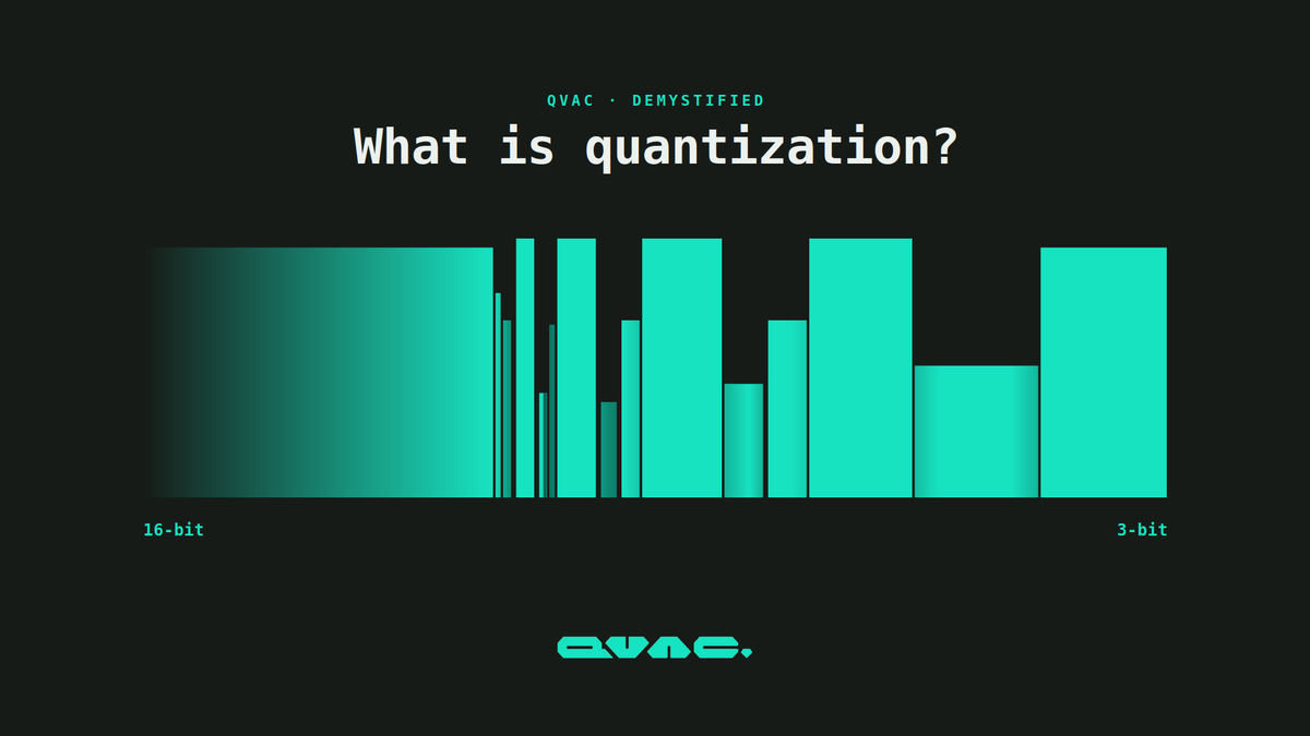 qvac's tweet photo. What is quantization & why does it matter?

When you hear "Llama 7B", the 7B is the model's weights: 7 billion parameters that encode everything it knows. More weights means more capable, but heavier.

Stored at the default 16 bits each, those 7 billion parameters take about 14 GB of memory.

Quantization shrinks the model by storing each weight in fewer bits. Same 7 billion weights, less space each.

Llama 7B:
16-bit: 14 GB
8-bit: 7 GB
4-bit: ~4 GB
3-bit: ~3 GB

At 4-bit it finally fits on a consumer laptop.

The catch is the precision. Rounding each weight to fewer bits introduces small errors.

Down to 4-bit the quality drop is usually hard to notice. Go lower and the model starts making more mistakes.

But weights are only the fixed cost. As the model runs, it builds a second memory called the KV cache, with an entry for every word in the conversation.

On long inputs this grows larger than the model itself, and it usually stays at full precision.

Bigger context reserves more memory, up front, on top of the weights. Too much and it drops to slow CPU or will not load.
The frontier now is compressing that running memory, not only the weights. 

We have been working on exactly this. Details in a few days.