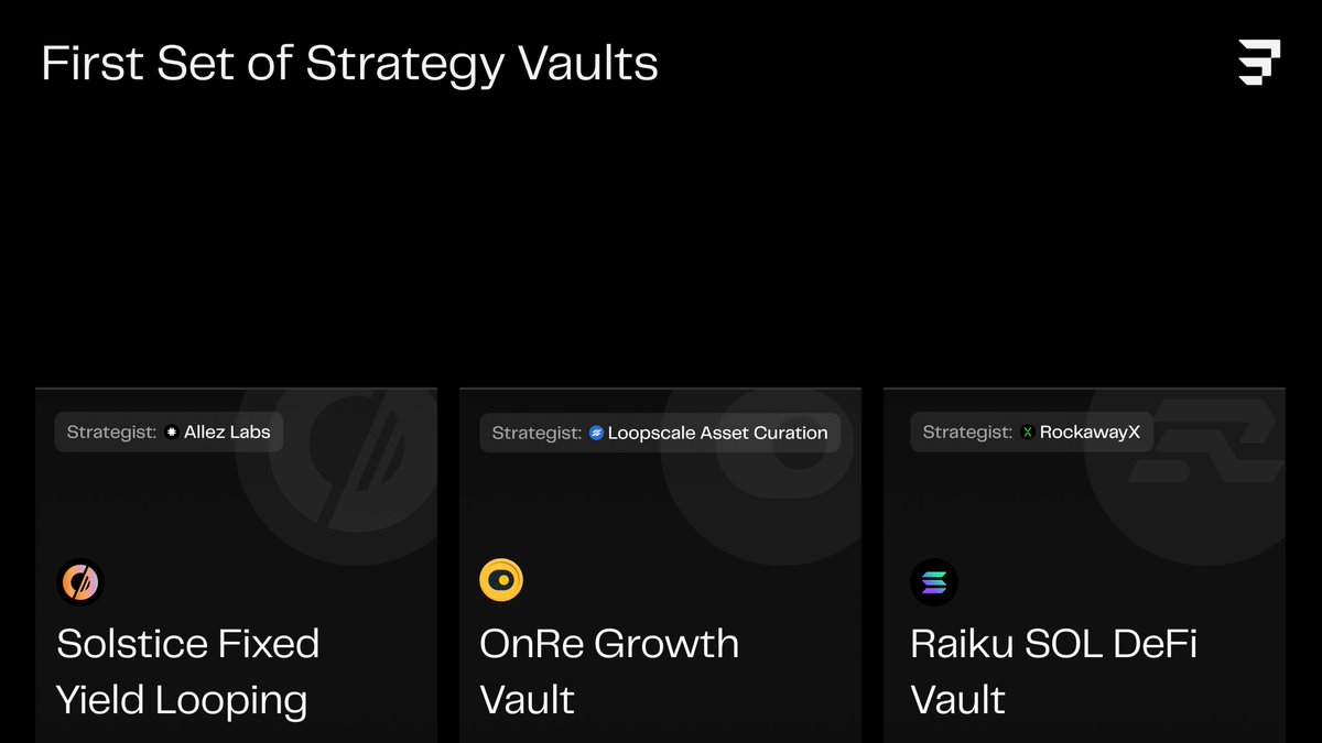 ExponentFinance's tweet photo. 2) Strategy Vaults – Easy Access to Portfolio Construction in DeFi

Actively managing rates and yield strategies is not for everyone; it takes time, effort, and expertise.

With v2, we're introducing the most advanced vault product in Solana: Strategy Vaults.

Built on @multisig Smart Account, Exponent Strategy Vaults offer a simpler way to access cross-protocol yield strategies across Exponent’s markets and leading DeFi protocols on Solana.

Curated by professional strategists and featuring built-in depositor protections, Strategy Vaults are fully onchain, self-custodial, and enforced by policies that whitelist the specific protocols and actions through which a curator can allocate deposits.

The first set of Strategy Vaults unveiled at launch are:

• OnRe Growth – Curated by @Loopscale Asset Curation
A USDC-denominated yield vault offering one-click exposure to the best of @OnReFinance's ONyc yield opportunities across fixed-rate, looping, and lending. Open for deposits.

• Raiku DeFi – Curated by @RockawayX
A flagship SOL vault, aimed to offer the best risk-adjusted SOL returns across DeFi. Opening on June 3rd, 2026.

• Solstice Fixed Yield Looping – Curated by @AllezLabs
The signature @Solsticefi PT-eUSX/USX looping strategy on @Kamino, now accessible to all in one deposit. No manual looping, rollover, or rate management. Opening next week.

New Strategy Vaults are being rolled out gradually, initially capped at $2.5M and expanded over time.