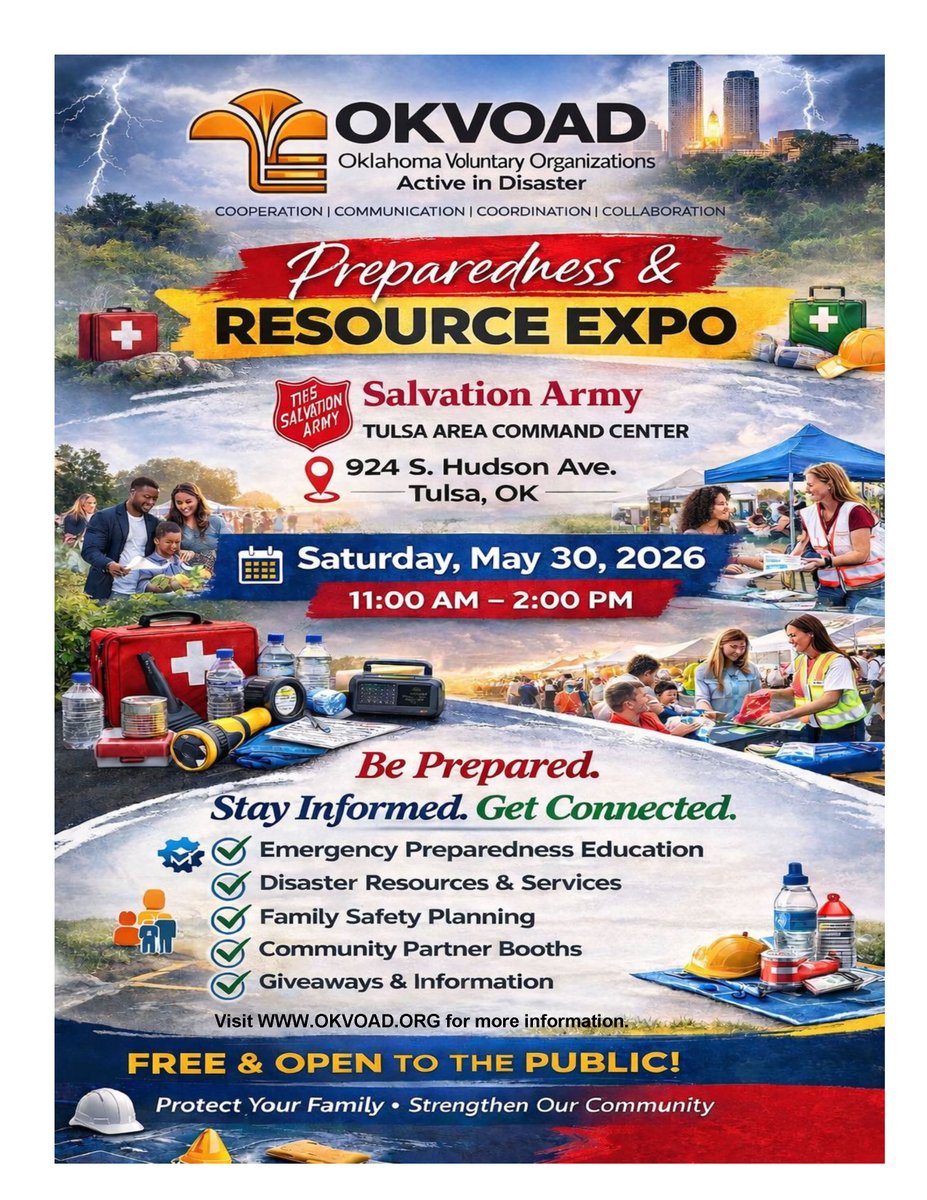 okem's tweet photo. If you're in the Tulsa area, be sure to stop by the Oklahoma VOAD Preparedness &amp; Resource Expo on Saturday!

📍 Where: The Salvation Army Tulsa Area Command Center, 924 S. Hudson Ave., Tulsa, OK
⏰ When: 11 a.m. to 2 p.m., Saturday, May 30 https://t.co/Lzh8IhkaAh