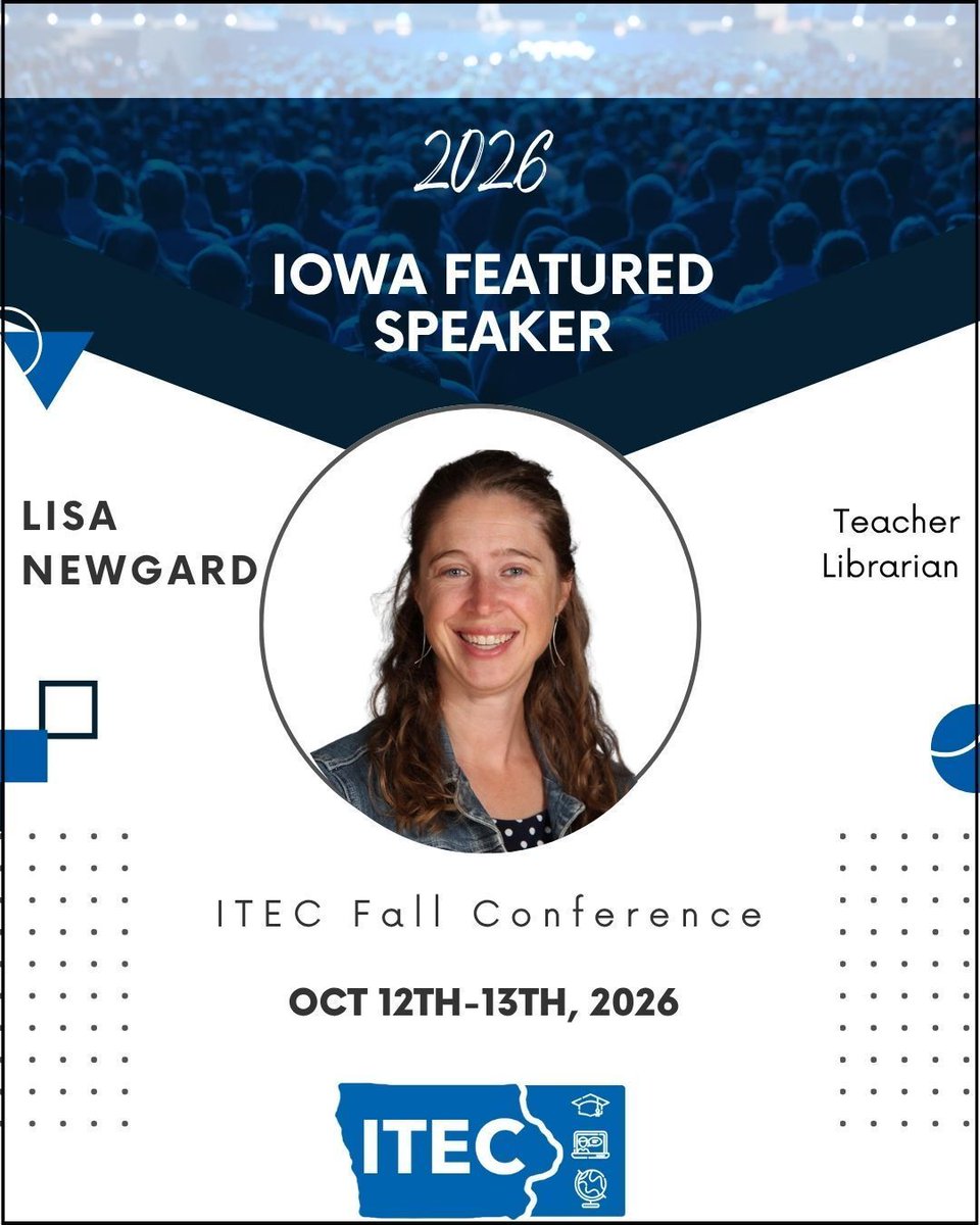 itec_ia's tweet photo. Introducing our third Iowa Featured Speaker for the ITEC 2026 Fall Conference - Lisa Newgard!

Lisa is a PK-6 Teacher Librarian in Cedar Falls CSD.

Learn more about her and all of our other amazing Iowa Featured Speakers at https://t.co/1Q6j3LDCs2 https://t.co/DH1EbwvQdb