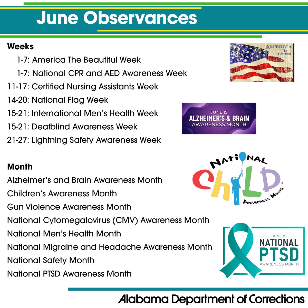 ALCorrections's tweet photo. #ADOC is highlighting Calendar Observances for the month of June. This includes America The Beautiful Week, Children's Awareness Month, and more. https://t.co/xIGzLMVQJM