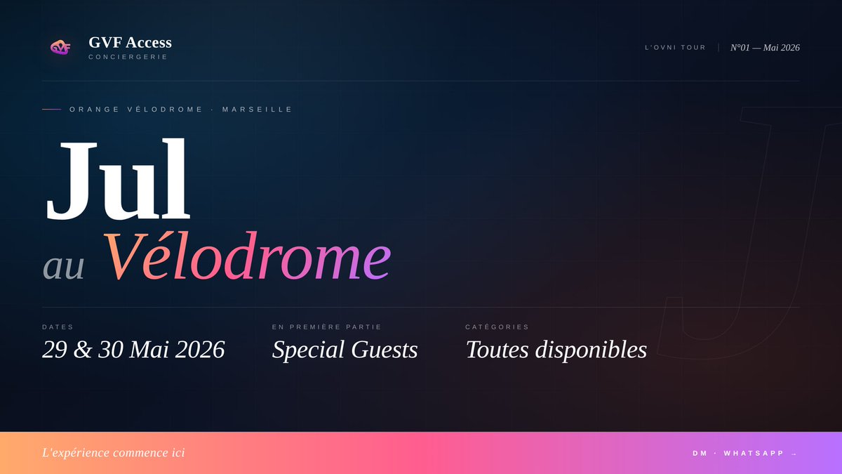 gvfaccess's tweet photo. 🔥 JUL au Vélodrome — l’OVNI Tour
Le J revient chez lui pour deux soirs historiques.
Tout ce qu’il faut savoir 👇 https://t.co/xvgPs1X9d1