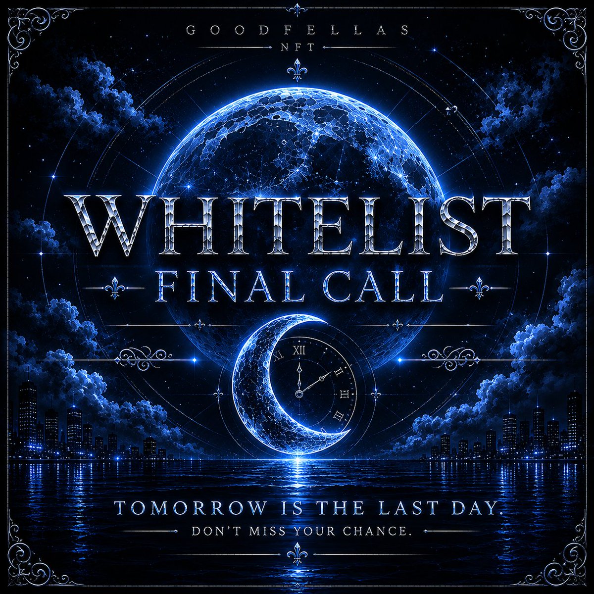 GoodFellasNFT's tweet photo. 🌕 Final call.

Whitelist applications close in just 1 day. 🕐

Tomorrow, the doors close and the countdown to the Blue Moon Batch enters its final stage.

200 new Sirens.
2 exclusive one of ones.
One legendary night.

If you're still looking for a spot on the whitelist, send us a DM now before it's too late. ✨