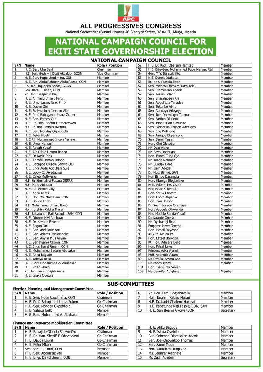 OfficialAPCNg's tweet photo. APC CONSTITUTES NATIONAL CAMPAIGN COUNCIL FOR EKITI STATE GOVERNORSHIP ELECTION

The National Campaign Council is chaired by Governor Uba Sani, with Senate President Godswill Obot Akpabio serving as Vice Chairman. Its membership comprises serving governors, former governors, principal officers of the National Assembly, and other prominent Party leaders drawn from across the country.

The Party has also established several sub-committees covering Election Planning and Management, Finance and Resource Mobilisation, Grassroots Engagement and Mobilisation, Logistics and Campaign Management, Protocol, Media and Publicity, Security, Women's Mobilisation, Youth Mobilisation, and Secretariat Functions.