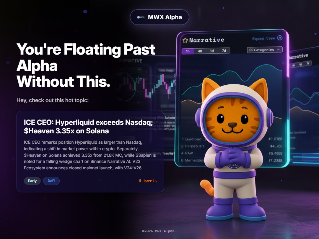 DenisFi25814947's tweet photo. ICE CEO remarks position Hyperliquid as larger than Nasdaq, signalling a crypto market power shift. Meanwhile, Heaven on Solana hits 3.35x from a $21.6K MC. MWX Alpha flag these massive DeFi and ecosystem movements early so you stay ahead. #MWXAlphaContest
https://t.co/H1GMxaqitS https://t.co/eOqLPLgXRO