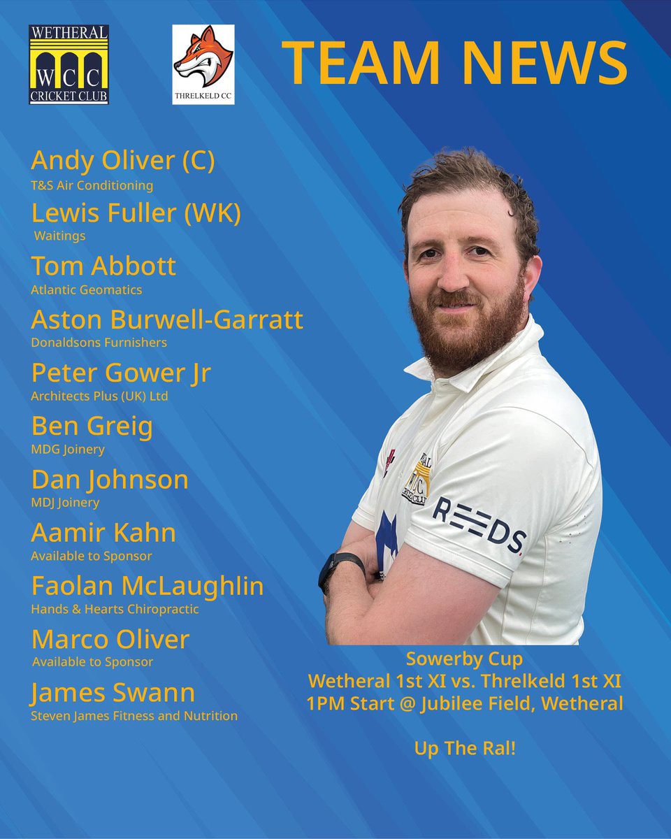 WetheralCC's tweet photo. The 1s are in Sowerby Cup action this weekend against Threlkeld. 

We made the final of last year’s competition, before losing to Carlisle 2s. 

Few changes to the team as Ben, DJ, Pete and Swanny come into the XI. 

Up the Ral! 🧙‍♂️ https://t.co/he2b2PX6J2
