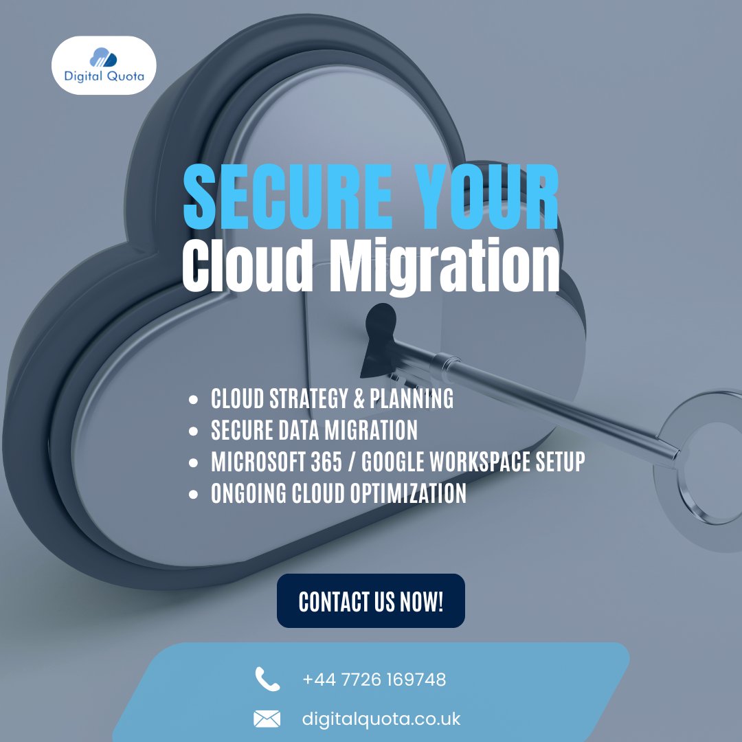 DigitalQuota's tweet photo. Ready to move to the cloud but worried about security or data loss? 
Elevate your business! Visit our website to learn more about our Cloud Solutions.
*
#DigitalQuota #CloudMigration #DigitalTransformation #CloudSecurity #Microsoft365 #GoogleWorkspace https://t.co/FD5kLYvTOl