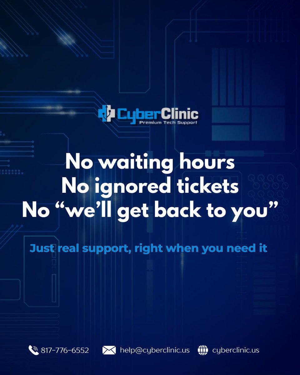 CyberClinicInc's tweet photo. Unlimited IT support ๐ป
That actually responds โก
No delays
๐ https://t.co/51zuU3xzJI
๐ง help@cyberclinic.us
โ๏ธ 817-776-6552
#ITsolution #CyberSecurity #VirtualTechSupport https://t.co/bHzGDOuHal