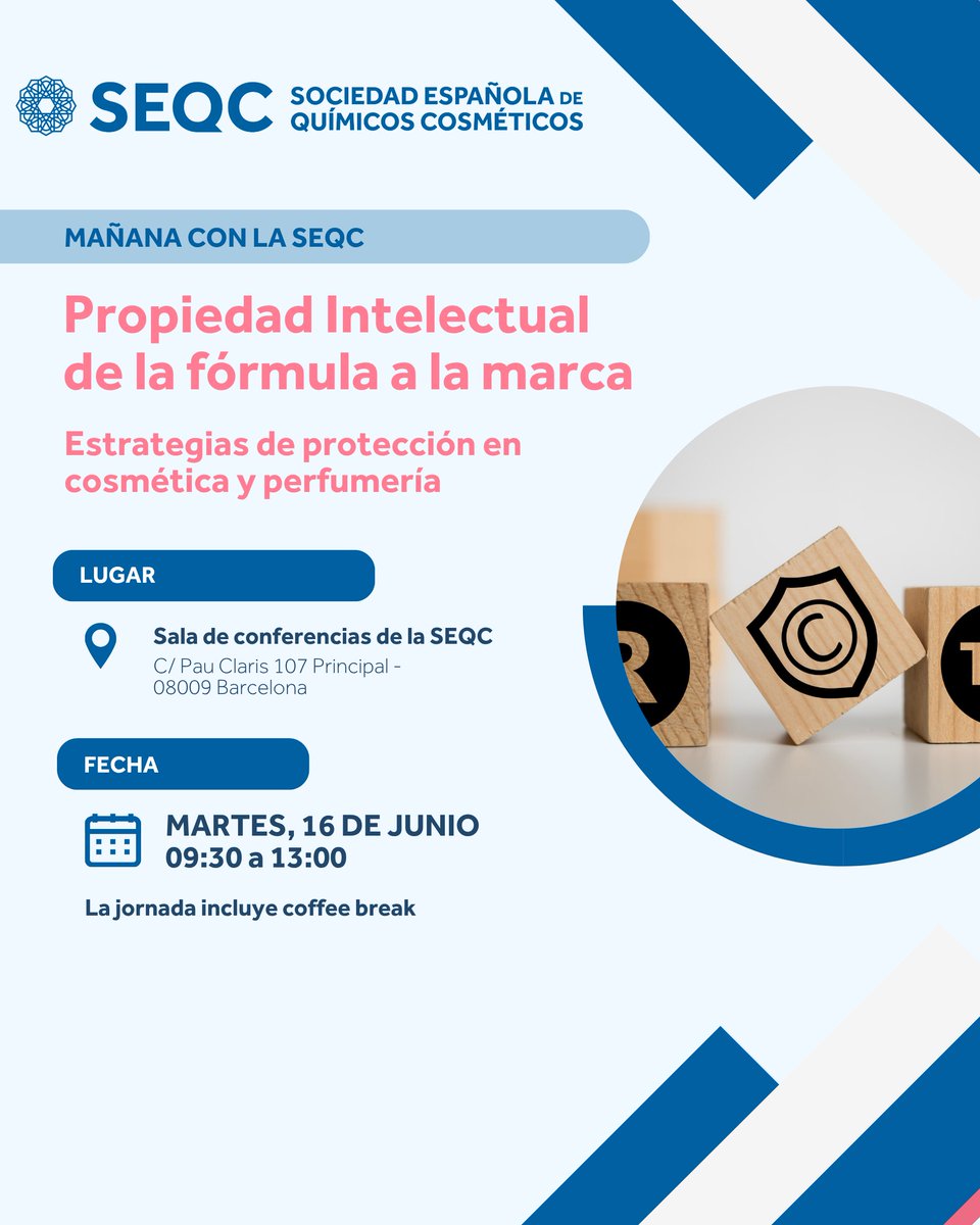 e_SEQC's tweet photo. 💡 Imagina que has desarrollado una fórmula innovadora. ¿Cuándo puedes hablar de ella sin poner en riesgo su protección? 

📅 16 de junio de 2026
🕤 09:30h – 13:00h
📍 SEQC Barcelona
🔗 https://t.co/juqIFl7yn2

#SEQC #PropiedadIntelectual #Cosmética #Perfumería #Innovación https://t.co/RU7DNcdSbl