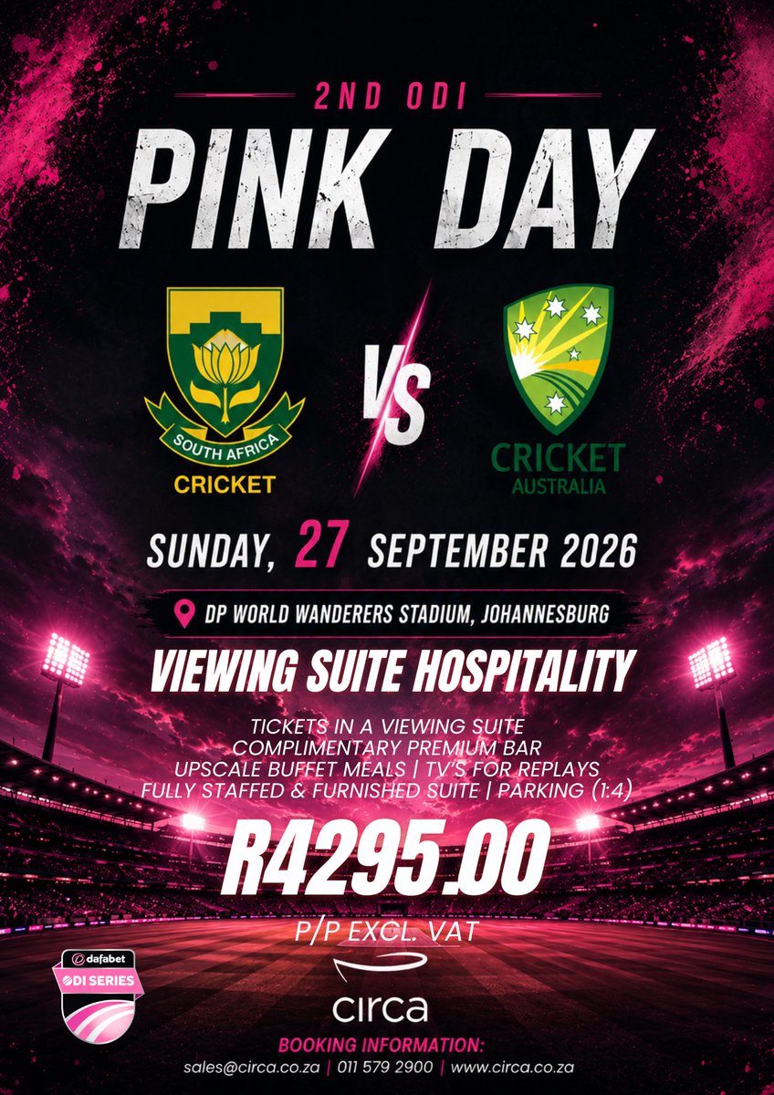 CIRCA_SA's tweet photo. The 2026/27 inbound international cricket calendar is locked in, and Johannesburg is set to host the most explosive fixtures of the summer. We’re preparing to elevate the standard at the DP World Wanderers Stadium, blending high-octane stadium energy with world-class hospitality https://t.co/xiQ32XS9nC