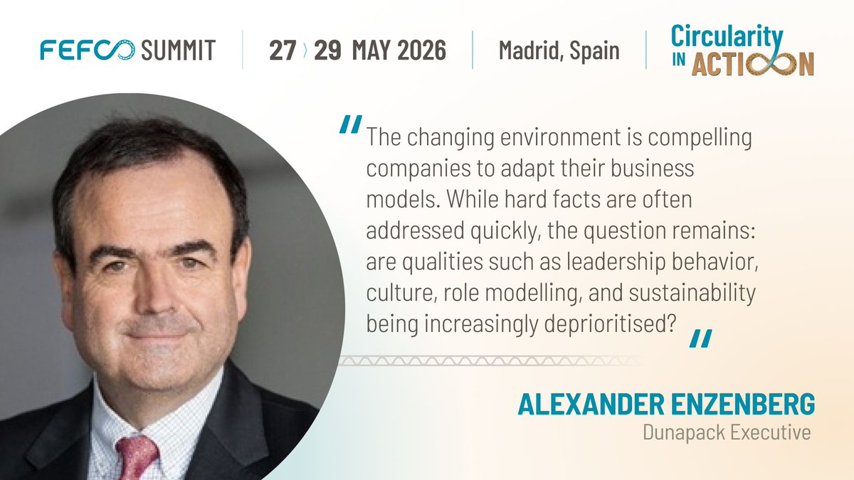 FEFCO's tweet photo. Now at the #FEFCO2026 panel discussion on the future of the corrugated sector:

Alexander Enzenberg of Dunapack discussed leadership in a changing business environment.

His key question:

Are qualities such as culture, role modelling and sustainability being deprioritised as companies adapt to new market pressures?