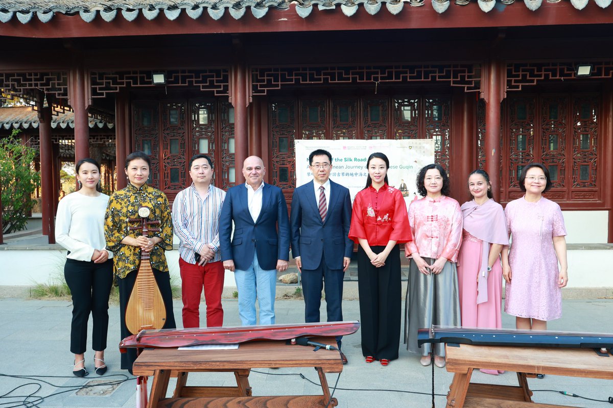 ChinaEmbMalta's tweet photo. On 28th May 2026, H.E. Ambassador Zhang Zuo attended a concert "Melodies of the Silk Road: A Mediterranean Journey of the Chinese Guqin" at the Chinese Garden of Serenity co-hosted by the Chinese Embassy of Malta and the China Cultural Center. Mayor of Santa Lucija Charmaine St John, H.E. John Busuttil, among around 100 guests attended. The Chinese Guqin musicians Prof. Li Pengpeng & Dr. Zhang Meng, presented a show featuring Chinese classics as well as Maltese folk music.
