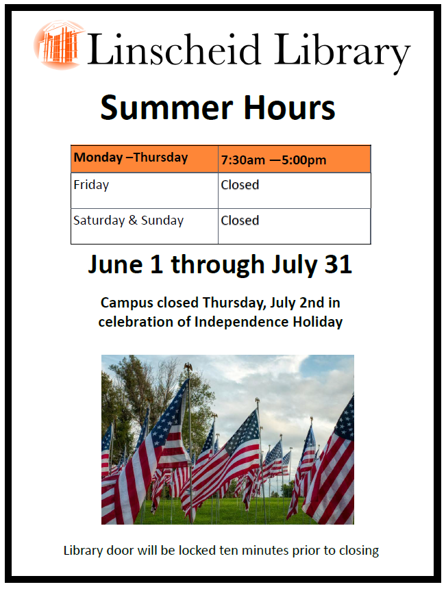 ecoklibrary's tweet photo. The library begins Summer Hours on Monday, June 1st, through Friday, July 31st. Campus is closed Thursday, July 2nd, and Friday, July 3rd, in celebration of Independence Day. See our hours of operation at https://t.co/460iBJUdml… #ECOKLibrary #ECUTigers #ECUTigerUpdates https://t.co/r4ueDexlC6