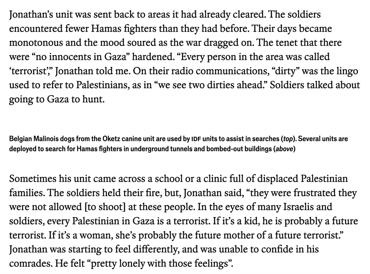 AdHaque110's tweet photo. “Every person in the area was called ‘terrorist’,” Jonathan told me. 

On their radio communications, “dirty” was the lingo used to refer to Palestinians, as in “we see two dirties ahead.” 

Soldiers talked about going to Gaza to hunt. https://t.co/jeaD37JH05