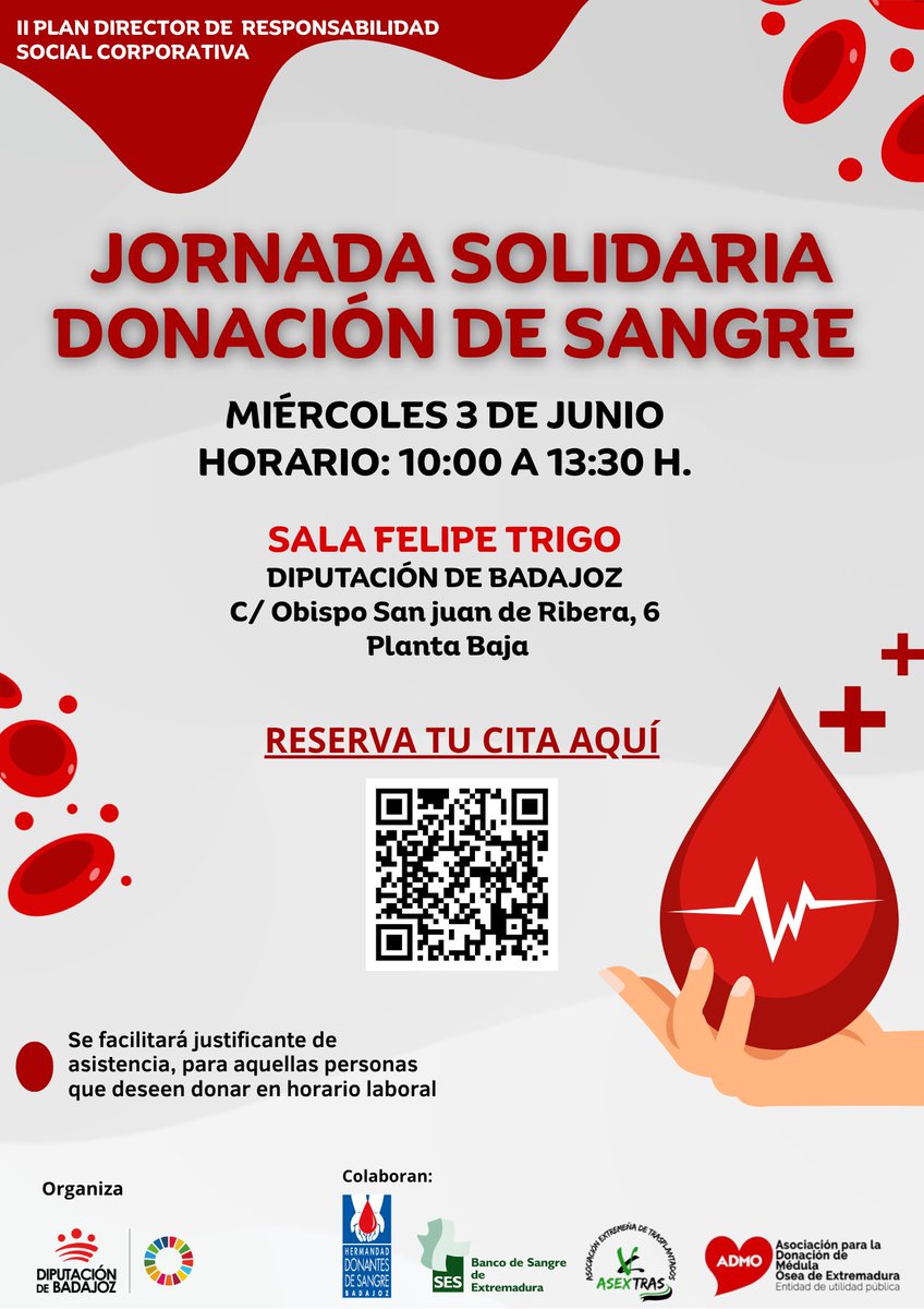 BadSostenible's tweet photo. Jornada solidaria de donación de sangre
Organizada por la @DipdeBadajoz 
Día 3 de junio de 10 a 13:30 horas en el Palacio Provincial C/ Obispo Juan de Ribera, 6

+Info: https://t.co/HEZmIVZ8I1...
#ODS3 #CompromisoODS #Agenda2030DipBdjz #2030EsAhoraEsY https://t.co/roL7U8yqQP