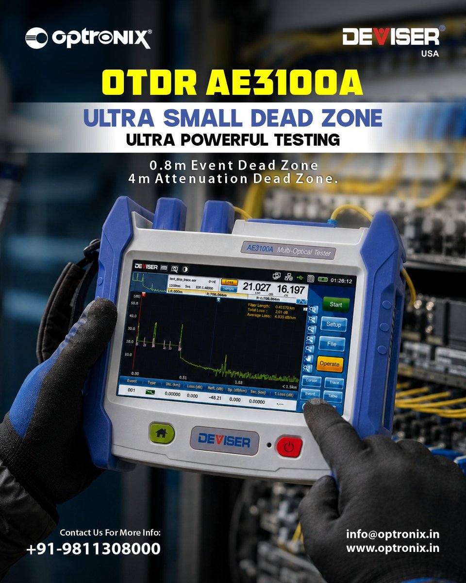candid_optronix's tweet photo. Event Dead Zone: Only 0.8 m - Attenuation Dead Zone: Just 4 m. The Deviser AE3100A OTDR is engineered for high-accuracy fiber analysis in FTTH, metro, and backbone networks.
#deviser #otdr #Ae3100a #ftth #eventdeadzone #fibertestingtool #optronix #networktesting https://t.co/N7LTXqcUVN