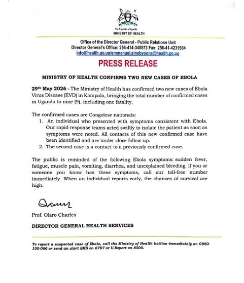 resttvuganda's tweet photo. The Ministry of Health has confirmed two new Ebola cases, both involving nationals from the Democratic Republic of Congo.

This brings the total number of confirmed Ebola cases to nine, with one death recorded so far. https://t.co/HJmPCajN8X