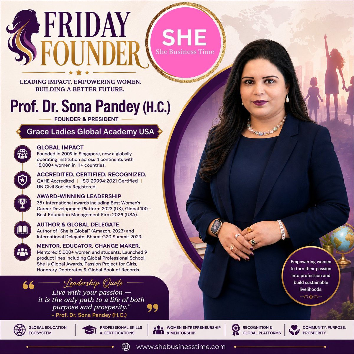 SheBusiness1's tweet photo. She turned passion into a global movement 
Discover how Prof. Dr. Sona Pandey built Grace Ladies Global Academy to empower thousands of women worldwide.
Read more: 
https://t.co/kGQabUqry2

#WomenInBusiness #EmpowerHer #GlobalLeadership https://t.co/zFPnF5N6Do