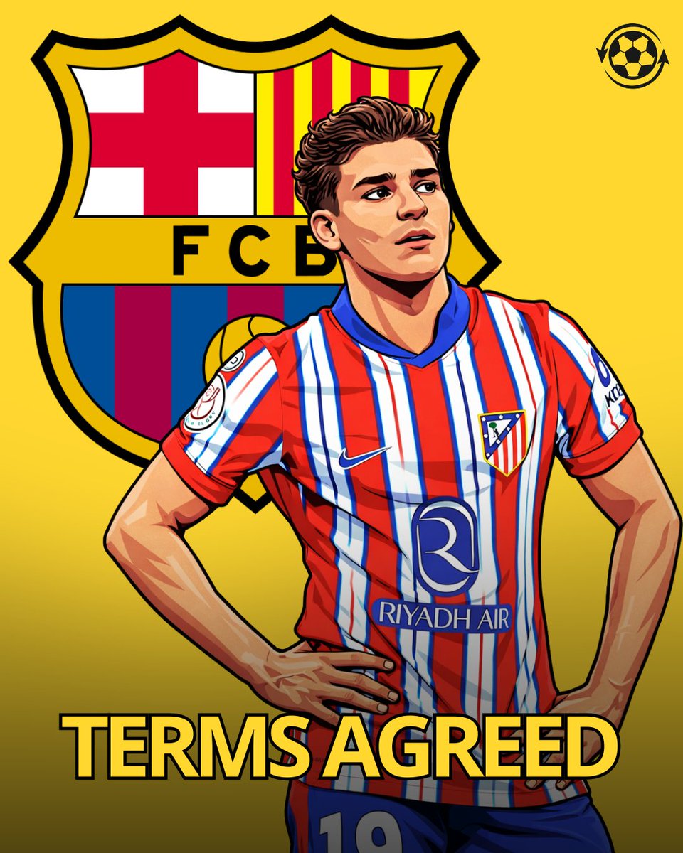 DeadlineDayLive's tweet photo. 🚨 Barcelona are preparing an improved bid for Julián Álvarez after seeing their opening €100M offer rejected by Atlético Madrid. 🇦🇷

The Catalan club remain determined to land the striker, with personal terms already understood to be agreed in principle between Barça and Álvarez. 👀

(Source: @urieliugt)