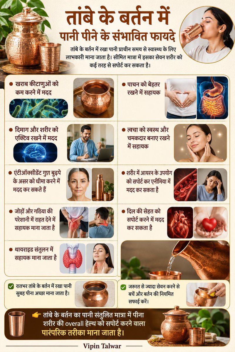 vipintalwar's tweet photo. 🥤 तांबे के बर्तन में पानी पीने के संभावित फायदे

तांबे के बर्तन में रखा पानी प्राचीन समय से स्वास्थ्य के लिए लाभकारी माना जाता है। सीमित मात्रा में इसका सेवन शरीर को कई तरह से सपोर्ट कर सकता है।

• खराब कीटाणुओं को कम करने में मदद • पाचन को बेहतर रखने में सहायक • दिमाग और शरीर को एक्टिव रखने में मदद • त्वचा को स्वस्थ और चमकदार बनाए रखने में सहायक • एंटीऑक्सीडेंट गुण बुढ़ापे के असर को धीमा करने में मदद कर सकते हैं • शरीर में आयरन के उपयोग को सपोर्ट कर एनीमिया में मदद कर सकता है • जोड़ों और गठिया की परेशानी में राहत देने में सहायक माना जाता है • दिल की सेहत को सपोर्ट करने में मदद कर सकता है • थायराइड संतुलन में सहायक माना जाता है

✅ रातभर तांबे के बर्तन में रखा पानी सुबह पीना अच्छा माना जाता है। ✅ जरूरत से ज्यादा सेवन करने से बचें और बर्तन की नियमित सफाई करें।

👉 तांबे के बर्तन का पानी संतुलित मात्रा में पीना शरीर की overall हेल्थ को सपोर्ट करने वाला पारंपरिक तरीका माना जाता है।