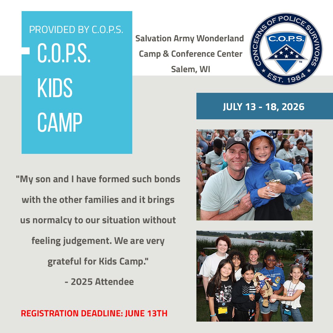 nationalcops's tweet photo. Have you gotten your kiddos registered for Kids Camp yet?! 💙

The registration deadline is June 13 - don’t miss this meaningful experience for children and young teens of fallen officers.

Learn more and register at: https://t.co/bLRXnOeaVc

#COPS #KidsCamp https://t.co/BVeyQdIlsJ