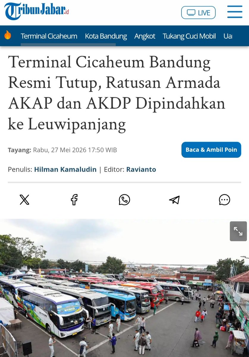 txttransportasi's tweet photo. Mulai Selasa, 26 Mei 2026, seluruh aktivitas pelayanan bus Antar Kota Antar Provinsi (AKAP) & Antar Kota Dalam Provinsi (AKDP) di Terminal Cicaheum, Kota Bandung ditutup & dialihkan sepenuhnya ke Terminal Leuwipanjang.

Kawasan Terminal Cicaheum nantinya akan dialihfungsikan menjadi depo utama Bus Rapid Transit (BRT).

Meskipun layanan telah dialihkan, masa transisi masih menyisakan sejumlah aktivitas di Terminal Cicaheum. Beberapa calon penumpang yang belum mengetahui kebijakan ini masih datang ke lokasi.

Untuk mengantisipasi kebingungan, pengelola terminal melakukan sosialisasi melalui pengeras suara serta memberikan arahan.

(https://t.co/33JqBzZ8ht)