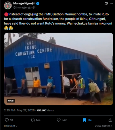 MediaObserverK's tweet photo. ⚠️CLAIM: Residents of Ikinu, Githunguri in Kiambu County declined an invitation for President @WilliamsRuto  to attend a church fundraiser, stating they did not want his financial contributions, and thus relocated the church structure to a different site. @jmuragengunjiri 

🚨 MISLEADING: The iVerify Network of Fact-Checking Desks has fact-checked this content and established that it is Misleading.

🔍FACT CHECK: A reverse image search of key frames from the circulated video was carried out, which traced the earliest known appearance of the footage to July 31, 2024.

Upon further verification, the desk noted, while the footage is authentic, there is no accompanying verified explanation or official statement attributing the relocation to political reasons or a church fundraiser involving President William Ruto.

Lastly, no evidence was found linking the incident to a church fundraiser invitation, a rejection of financial contributions from the President, or any relocation of the church in connection with such events.

The video is real - the claim about why it happened is not. Verify before you share!