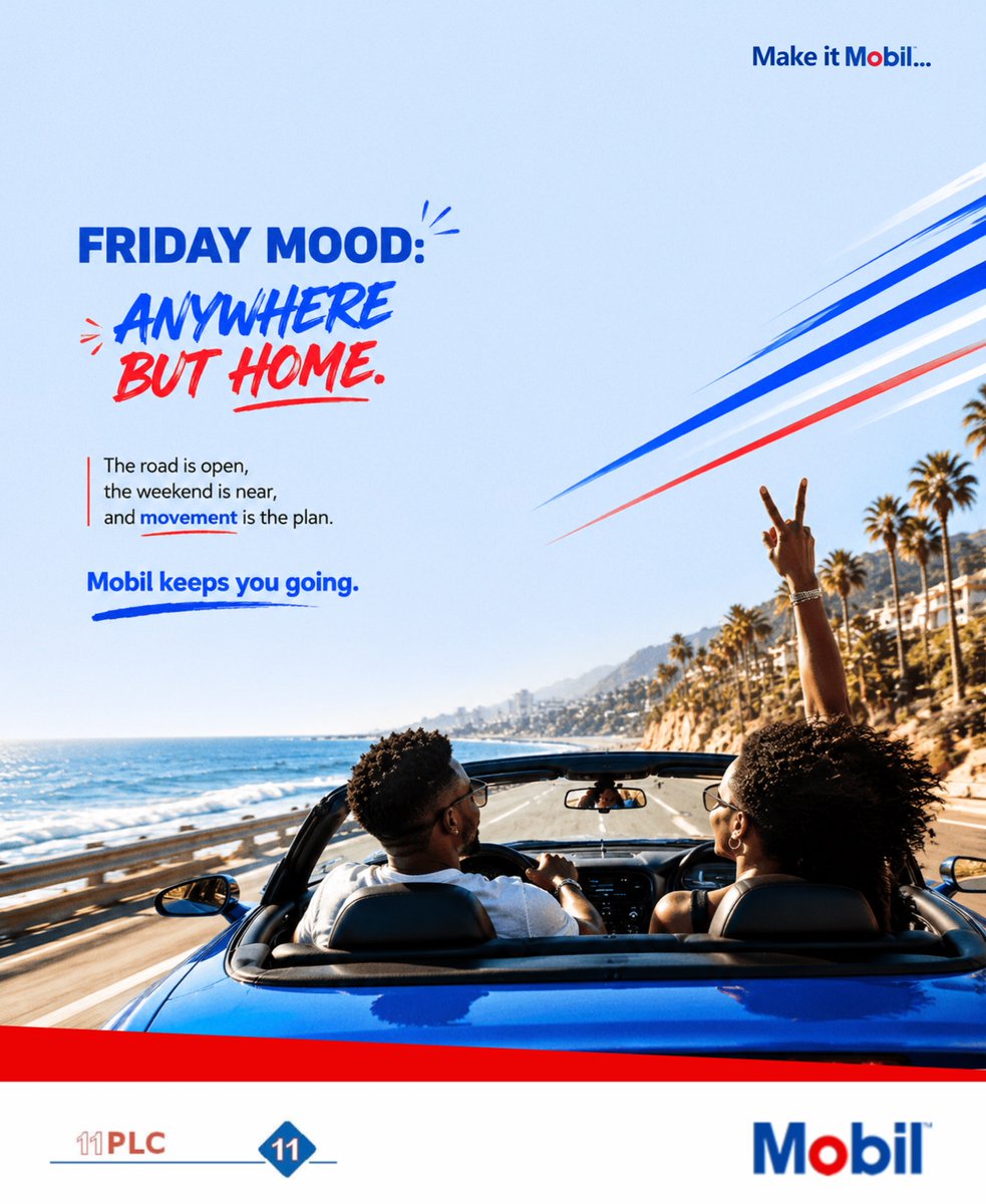 11PLC's tweet photo. Work is done. The city feels different. And the road suddenly looks like an invitation.

Where you end up doesn’t matter as much as the fact that you’re moving.

Mobil keeps you going.

#Mobil #FridayMood #WeekendLoading #OnTheRoad #FuelYourDrive #MobilEnergy https://t.co/do51NmIml1