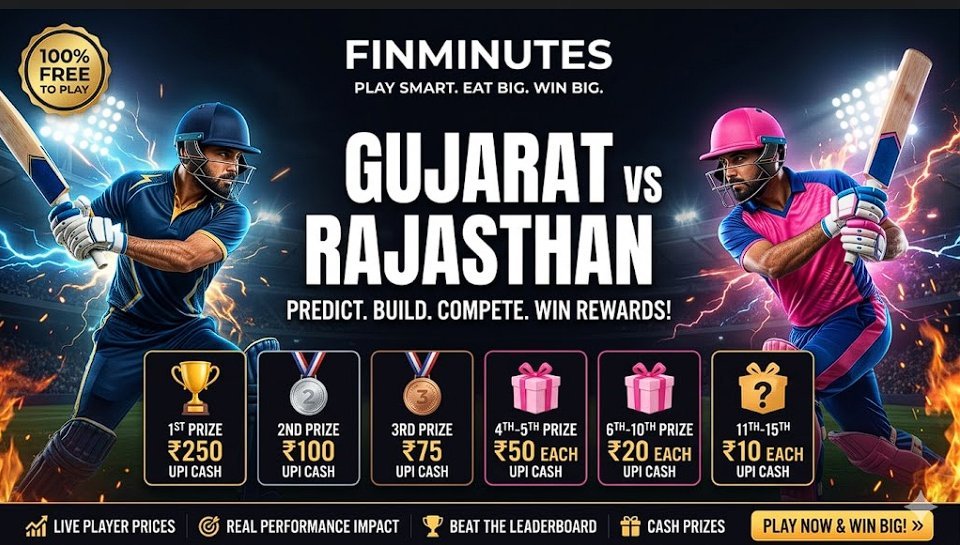 FinMinutes's tweet photo. 🏏 Gujarat vs Rajasthan TONIGHT, Masters Hub is live on Finminutes Sports Simulator,
- Build your squad. Top the leaderboard.
WIN ₹250 UPI cash, direct to your account. (Rank 1)
- 100% FREE to play. No entry fee. Ever.
- 15 prize spots available tonight 🔥
Rank 1: ₹250
Rank 2: ₹100
Rank 3: ₹75
Rank 4-5: ₹50 each
Rank 6-10: ₹20 each
Rank 11-15: ₹10 each
Link in comments, join fast, hub closes before the first ball is bowled.
