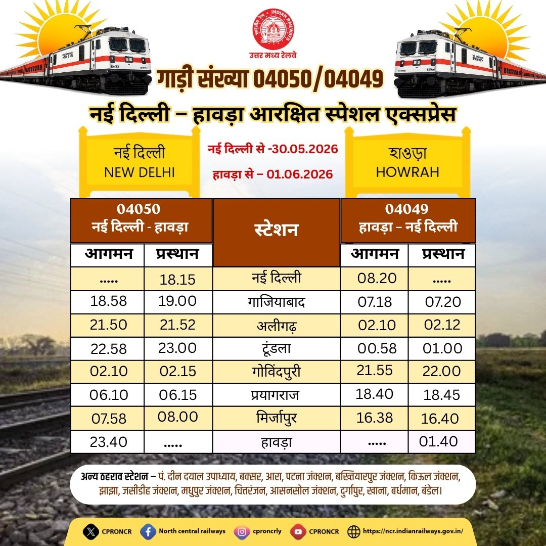 drmncrald's tweet photo. यात्रियों की सुविधा हेतु रेलवे द्वारा 04050/49 नई दिल्ली – हावड़ा आरक्षित स्पेशल एक्सप्रेस का संचालन किया जा रहा है। 🚆

🗓️ नई दिल्ली से प्रस्थान - 30.05.2026
🗓️ हावड़ा से प्रस्थान - 01.06.2026

टिकट बुकिंग के लिए #RailOne ऐप का उपयोग करें।📲

#SpecialTrain #Delhi #Howrah #Railways