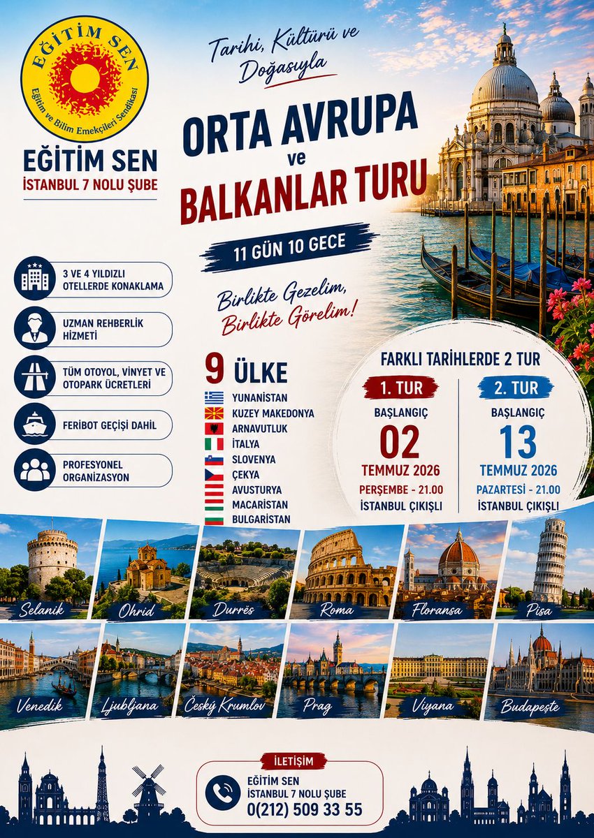 egitimsen7's tweet photo. Eğitim Sen İstanbul 7 Nolu Şube olarak bu dönemi birlikte gezip, birlikte anılar biriktirerek kapatmak istiyoruz. Bunun için Temmuz ayında iki farklı tarihte, 11 gün boyunca sürecek bir Orta Avrupa ve Balkanlar turu planladık. https://t.co/kaw4j5xJRG
