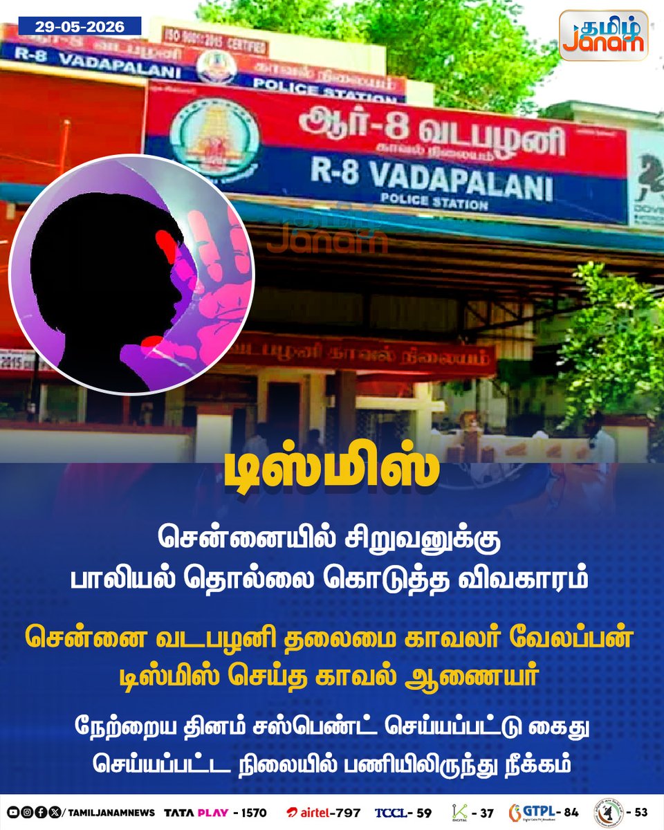 TamilJanamNews's tweet photo. டிஸ்மிஸ்
#Dismissal | #harassment | #minorboy | #Chennai | #Vadapalani | #HeadConstable | #Velappan | #Newsupdate | #TamilJanam https://t.co/9iu5xjlV0P