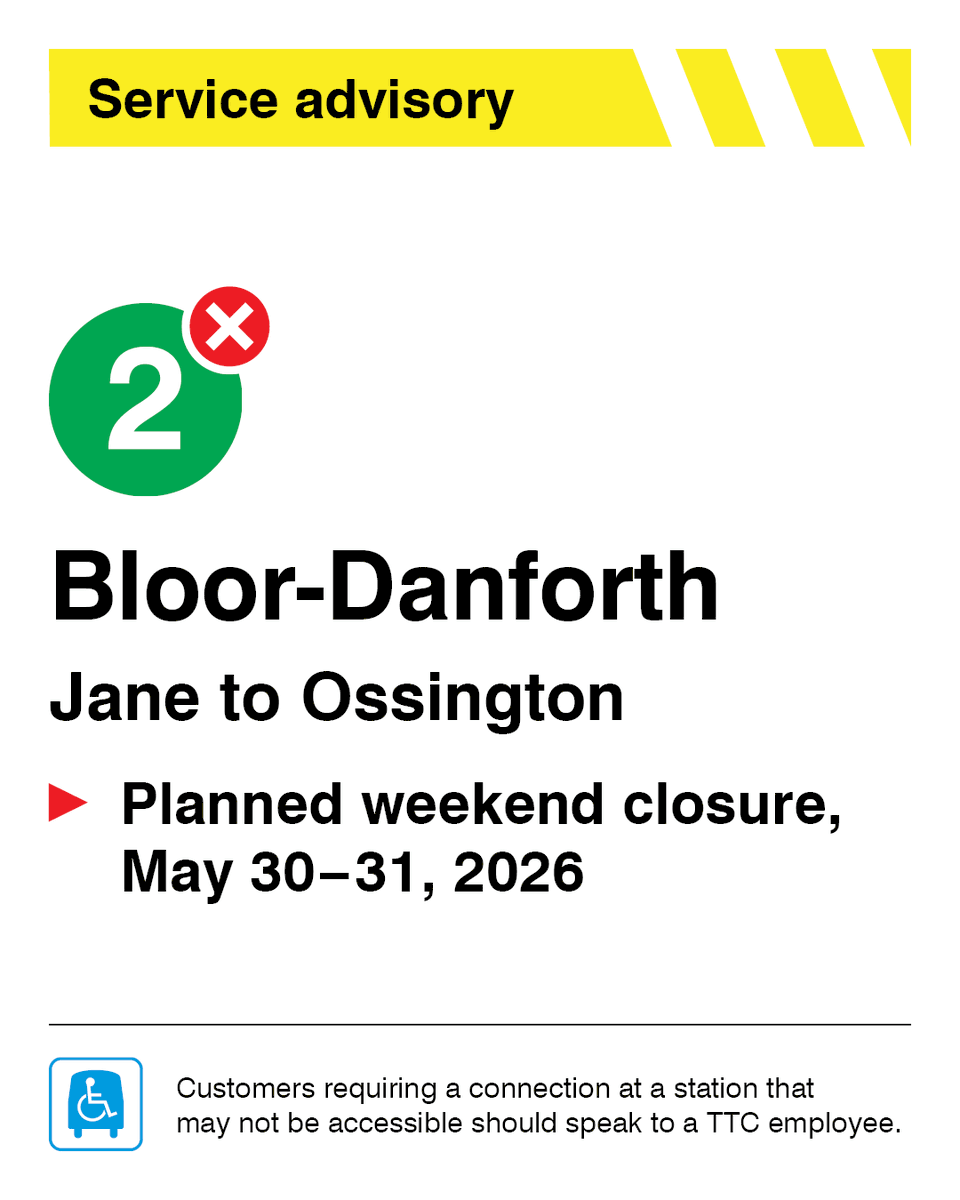 TTChelps's tweet photo. Subway service on Line 2 between Jane and Ossington stations will be replaced by shuttle buses this weekend on Saturday, May 30 to Sunday, May 31 for planned track work.  

Learn more: https://t.co/dh9eUALO7t https://t.co/I8oaCe4QJU
