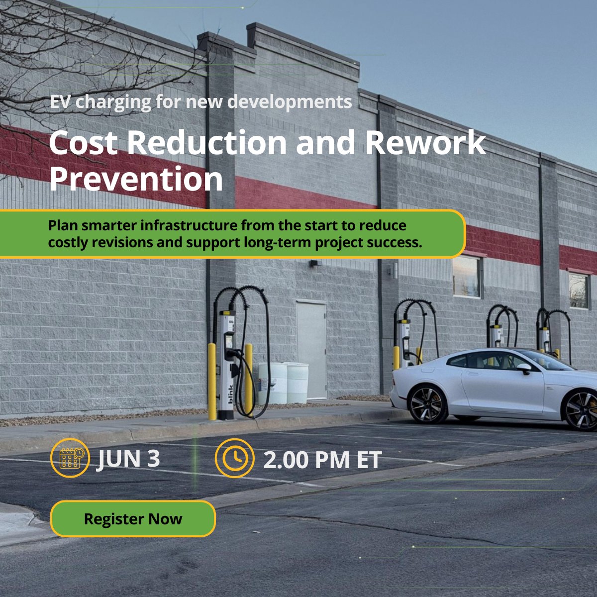 BlinkCharging's tweet photo. As EV adoption accelerates, charging infrastructure must be part of the design conversation from day one.

Join our webinar, EV Charging for New Developments: Cost Reduction and Rework Prevention, to explore how EV charging can be seamlessly integrated into new and existing developments. Learn about design best practices, electrical infrastructure planning, code compliance, and future-ready charging solutions that support evolving energy goals.

📅 June 3, 2026
⏰ 2 PM ET (US & Canada)

Register now: https://t.co/rCfj2LOEvk

#EVCharging #EVInfrastructure #Architecture #Engineering #Sustainability