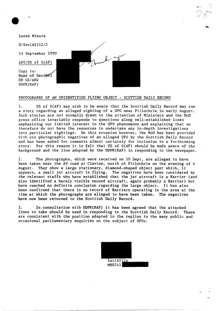 TransparencyUFO's tweet photo. Calvine starts with two hikers photographing a diamond over Scotland and ends with no matching Harrier flight record.

The story happened near the A9 road in Perthshire in August 1990. The photographs went to the Scottish Daily Record, and the newspaper sent six negatives to the UK Ministry of Defence.

The MoD file says the images showed a large stationary diamond-shaped object with a small jet flying past. Staff identified the jet as a Harrier, possibly two. Then the file adds the part that keeps the case alive: there was no record of Harriers operating in the area at the time.

The photo is the story. The missing Harrier record is the useful part.

---
SOURCE: UK MoD DEFE 24/2048, Calvine photograph material
RELEASED: August 11, 2011, UK National Archives