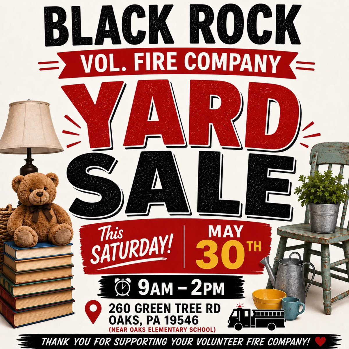 UPTDFES's tweet photo. Please join our friends over at Black Rock Vol Fire Co. Saturday, May 30th from 9AM–2PM at their fire station for a community yard sale!
📍 260 Green Tree Rd, Oaks, PA 19456

(near Oaks Elementary School)

Come shop a wide variety of items from local families and vendors. https://t.co/5KRLv6sXvr