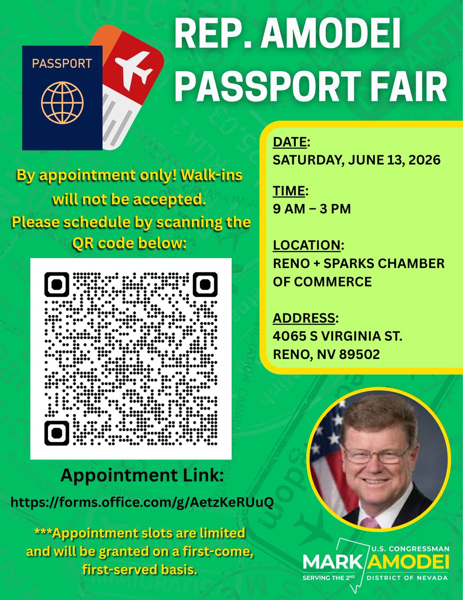 MarkAmodeiNV2's tweet photo. Summer travel season is almost here. Don’t let an expired passport ruin your plans. ✈️🌎

I’m hosting a Passport Fair on June 13 at the Reno + Sparks Chamber of Commerce to help you get passport-ready before your next big trip. Spots are limited, so be sure to sign up today! https://t.co/5lwpWPYDOw
