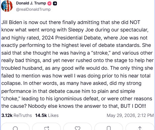 MarioNawfal's tweet photo. 🇺🇸 Jill Biden finally admited she thought Joe was having a stroke on stage… but didn’t even rush up to help him 

Trump savagely mocks her:

“The only thing she failed to mention was how well I was doing prior to his near total collapse.”

Source: Truth Social https://t.co/XKmzFG1B8i