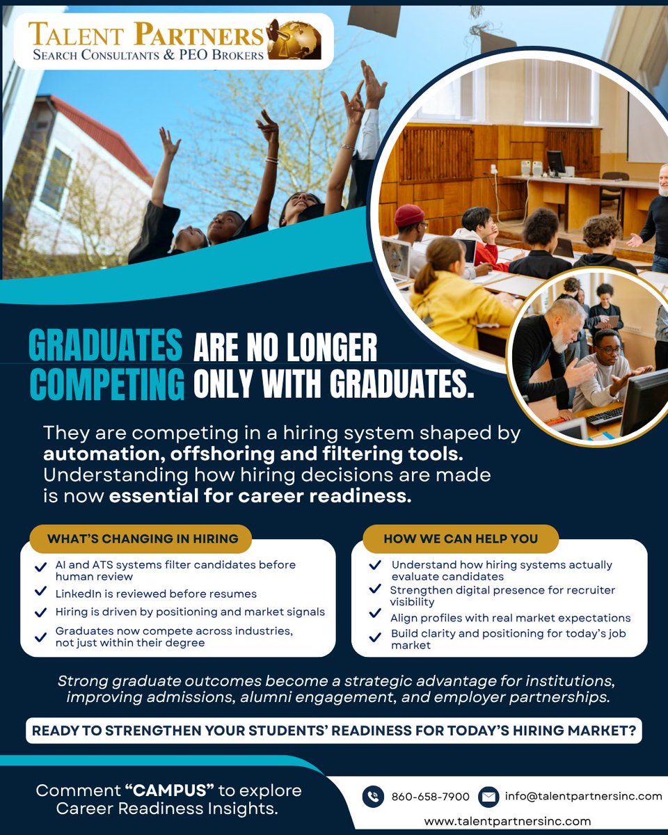 TalentPartners1's tweet photo. The hiring system has changed. Most graduates are still being prepared for the old one.

AI screening and digital-first hiring now shape opportunities before resumes are even reviewed.

Comment “CAMPUS” to explore career readiness insights.

#CareerReady #Hiring #AI #Graduates https://t.co/W1b0DGIebi