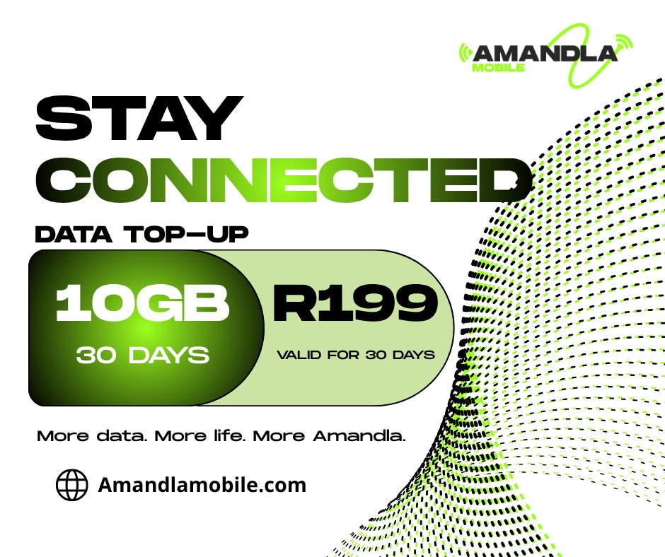AmandlaMobile's tweet photo. 📱 Stay connected to what matters most!

Whether you're streaming, scrolling, studying, or working, Amandla Mobile keeps you powered with affordable data bundles designed for your lifestyle. 🚀

✅ Great value
✅ Fast connectivity
✅ More data for your everyday needs
Get connected today and stay in the moment.
#AmandlaMobile #StayConnected #DataDeals #MobileData #DataBundle #AlwaysOn #ThePowerIsInYourHands #MoreForLess #SouthAfrica