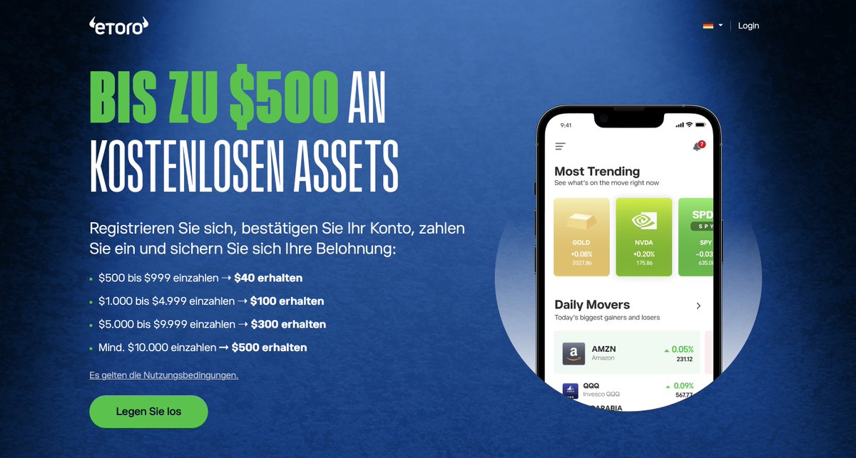 ChZoller's tweet photo. Und hier noch der Link zu der Aktion von #etoro für Neukunden bei Kontoeröffnung, 

Einzahlung von mindestens 500$ - 40$ Bonus vor Gebühren
Einzahlung von mindestens 10.000$ - 500$ Bonus vor Gebühren

Einzahlung muss mindestens 90 Tage auf dem Konto verbleiben.

https://t.co/bI3H5ZRwFq