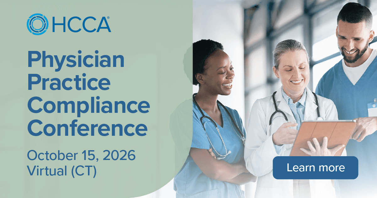 theHCCA's tweet photo. Whether you're building a compliance program from the ground up or keeping pace with constant change — this conference delivers. Focused. Practical. Designed specifically for the compliance challenges physician practices face today.

Register now to save: https://t.co/Uv1POQqLxx https://t.co/9ecnhhishU